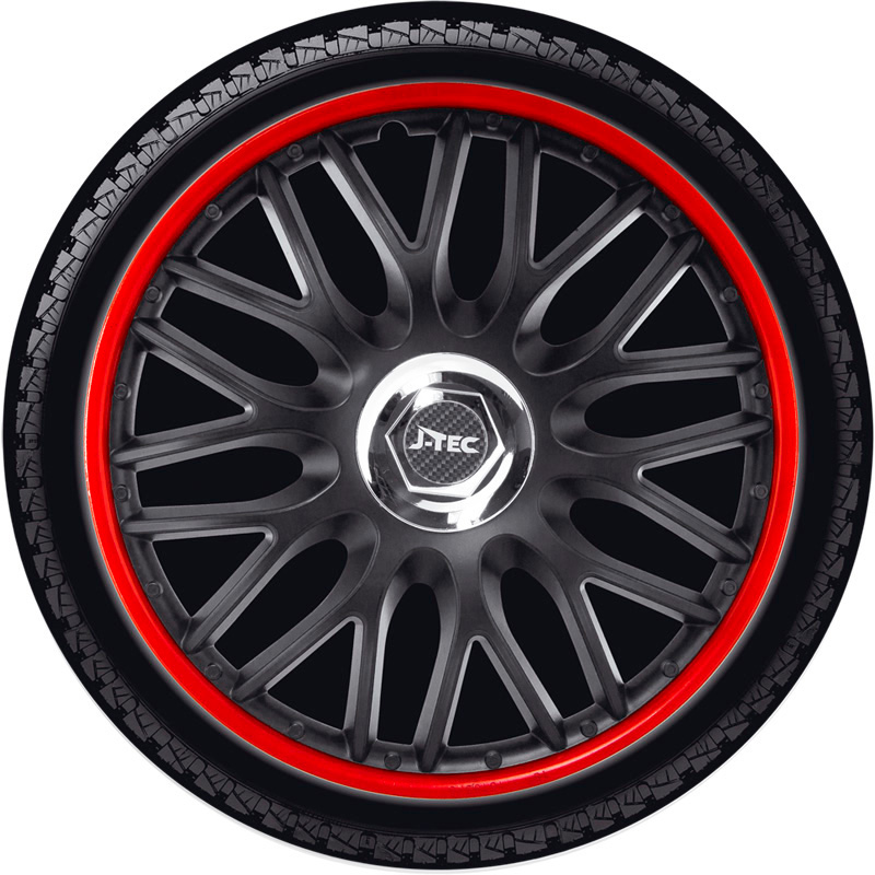 4-Delige J-Tec Wieldoppenset Orden R 13-inch zwart/rood + chroom ring